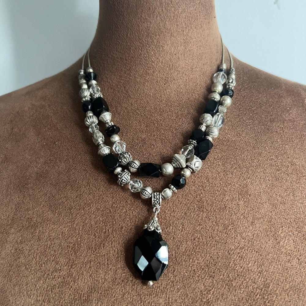 Vintage Whimsigoth Black Silver Beaded Layered Pendant Necklace 17-20" Size L